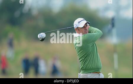 St Andrews, Kingsbarns, Scotland, Regno Unito . Il 28 settembre, 2013. Paul McGinley al diciassettesimo al raccordo a t nel terzo round della Alfred Dunhill Links campionato a Old Course St Andrews Credit: Azione Plus immagini di sport/Alamy Live News Foto Stock