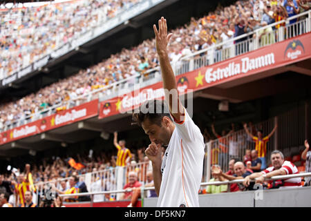 Valencia, Spagna. Il 28 settembre, 2013. Avanti Jonas Gonsalves di Valencia CF festeggia dopo aver segnato il primo goal per la sua squadra durante la Liga gioco tra Valencia e Rayo Vallecano a Mestalla stadio, Valencia Credito: Azione Sport Plus/Alamy Live News Foto Stock