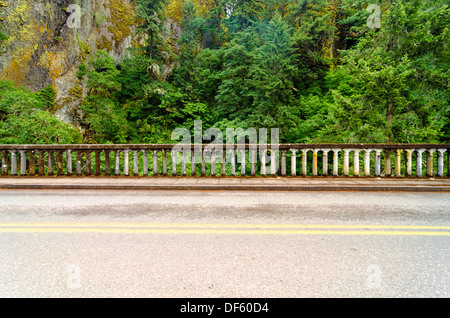 Ringhiera in calcestruzzo della storica Autostrada 30 con un bel verde foresta pluviale passando attraverso il Columbia River Gorge in Oregon. Foto Stock