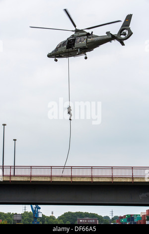 La polizia SWAT team, fast roping da un elicottero Foto Stock