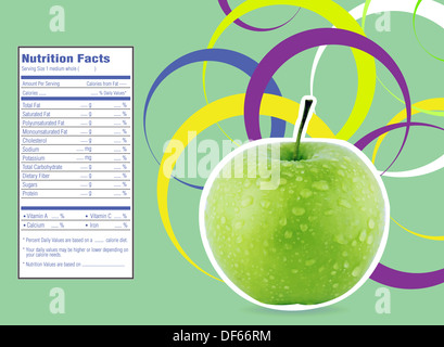 Il design creativo per la mela verde con fatti di nutrizione etichetta. Foto Stock