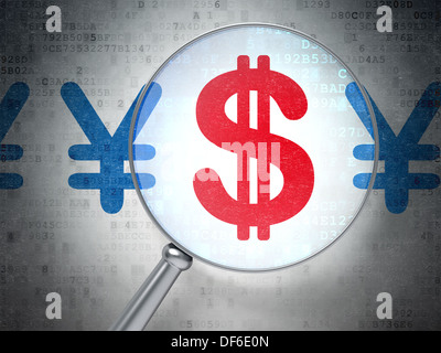 Concetto di Valuta: Dollar e Yen con vetro ottico Foto Stock