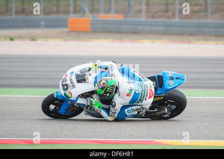 Il pilota spagnolo, Pol Espargaro, tenta di ottenere la pole position nella pratica qulifying in Aragona Motogp grand prix Moto (2), in circuito di Alcaniz in Spagna su settembre 28th, 2013 Tuenti HP 40 rider Pol Espargaro ha terminato terzo nella gara di domenica a circuito di Alcaniz, Teruel, Spagna. Foto Stock