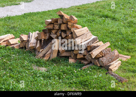 Catasta di legna da ardere su erba verde sullo sfondo Foto Stock
