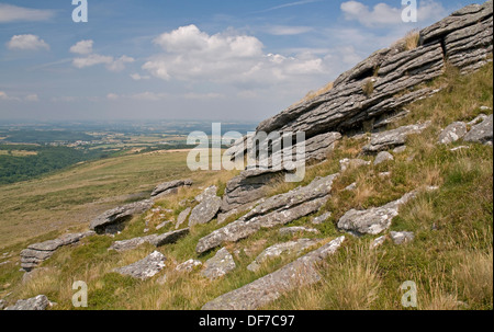 Attraente paesaggio su Belstone Tor, Dartmoor, guardando a nord Foto Stock