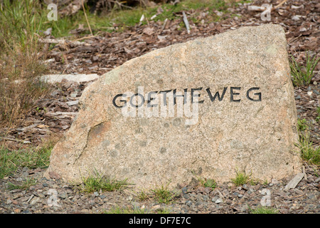 "Goetheweg' segnavia sul modo di Brocken Mountain, Wernigerode, Sassonia-Anhalt, Germania Foto Stock