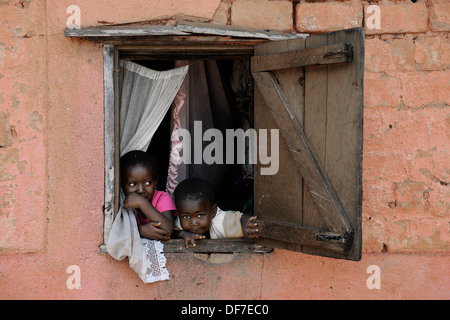 I bambini guardando fuori dalla finestra di una casa, Bafut, regione nordoccidentale, Camerun Foto Stock