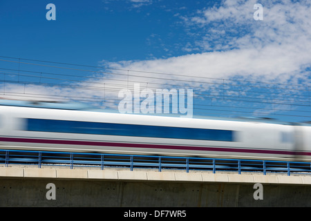 Vista di un treno ad alta velocità attraversando un viadotto a El Burgo de Ebro, Saragozza, Aragona, Spagna. AVE Madrid Barcellona Foto Stock