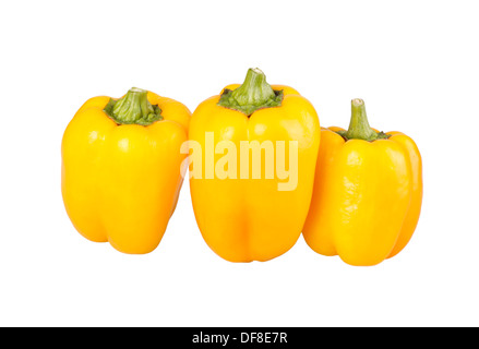 Tre gialli peperoni (Capsicum annuum) isolati contro uno sfondo bianco Foto Stock