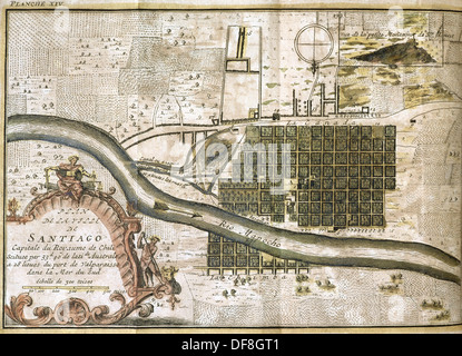 Il Cile. Santiago de Chile. Mappa in 1713 con il monte Santa Lucia, in background. Secondo un 1717 incisione. Foto Stock