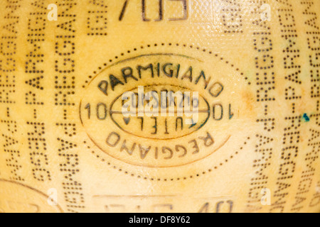 Chiusura del timbro su di una ruota di formaggio Parmigiano Reggiano, Reggio Emilia, Emilia Romagna, Italia Foto Stock