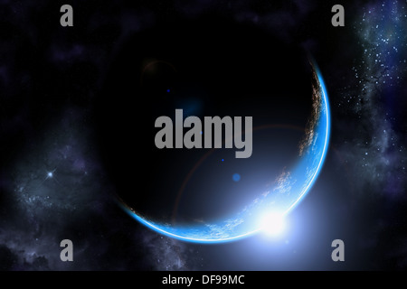 Il pianeta terra illustrazione e sunrise nello spazio con lens flare Foto Stock