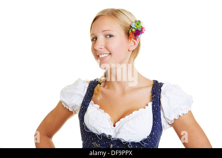 Sorridendo felice giovane donna bionda in un grembiule Foto Stock