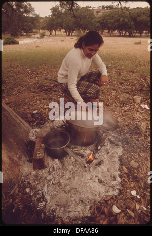 MOGLIE DI UN TOSATRICE ITINERANTE CUOCE IL SUO PASTO DI MEZZOGIORNO FUORI DALLA TENDA IN CUI LA SUA FAMIGLIA VIVE. LA TAGLIATRICE È... 554862 verticale Foto Stock