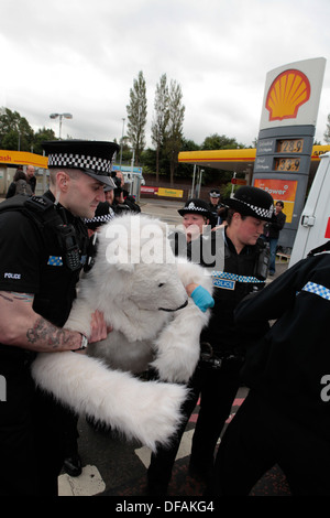 Un attivista di Greenpeace vestito come un orso polare è arrestato durante il suo tentativo di arrestare il distributore di benzina Shell in Edinburgh Foto Stock