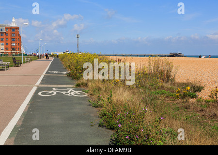 Ciclo nazionale di instradamento di rete 1 con il segno sul lungomare da Walmer beach a Deal, Kent, Inghilterra, Regno Unito, Gran Bretagna Foto Stock