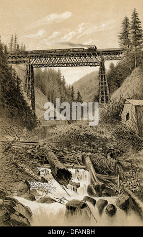 Canadian Pacific Railroad traliccio su sorpresa Creek, British Columbia, 1880. Incisione di una fotografia Foto Stock