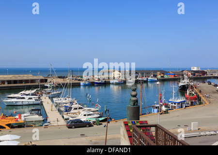 Vista di imbarcazioni da diporto e imbarcazioni da pesca ormeggiate nel piccolo porto di Hirtshals, nello Jutland, Danimarca e Scandinavia Foto Stock