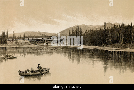 Canadian Pacific Railroad attraversando il fiume Columbia, British Columbia, 1880. Incisione di una fotografia Foto Stock