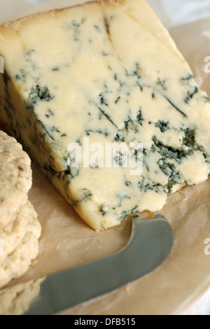 Del formaggio Stilton su di età compresa la carta pergamena con biscotti di avena e Coltello per formaggio Foto Stock