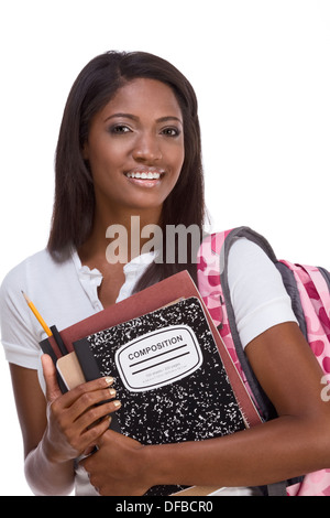 Istruzione - serie Friendly etnici femmina nero con studente di scuola superiore con zaino e composizione prenota Foto Stock