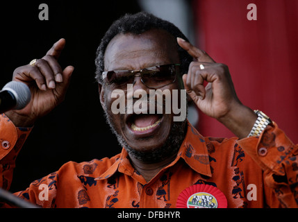 Leader Inkatha Freedom Party Mangosuthu Buthelezi parla durante un comizio elettorale in Enseleni vicino a Richards Bay il 19 aprile 2009 Foto Stock