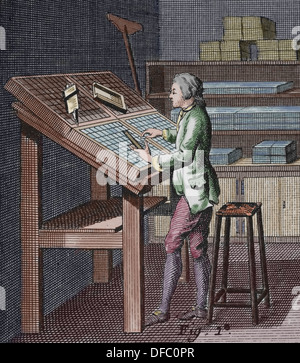 La stampa. Il typesetter (Figura 1) presenta le lettere tutte disposte davanti a lui nel typecast. "Encyclopedie'. Foto Stock