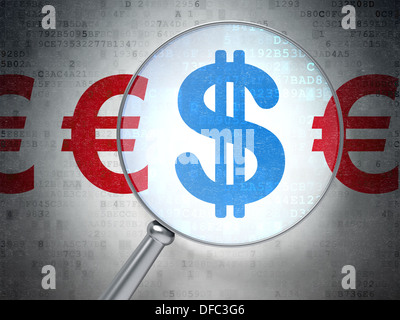 Concetto di Valuta: Dollar Euro e con vetro ottico Foto Stock