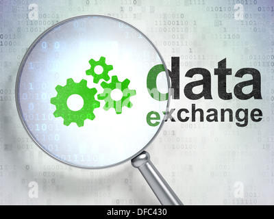 Il concetto di informazione: gli ingranaggi e lo scambio di dati con il vetro ottico Foto Stock