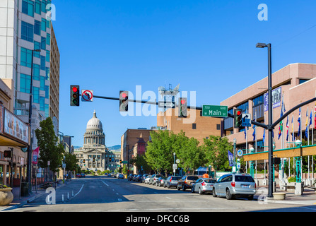 Vista di Capitol Avenue verso il Campidoglio dell'Idaho Boise, Idaho, Stati Uniti d'America Foto Stock