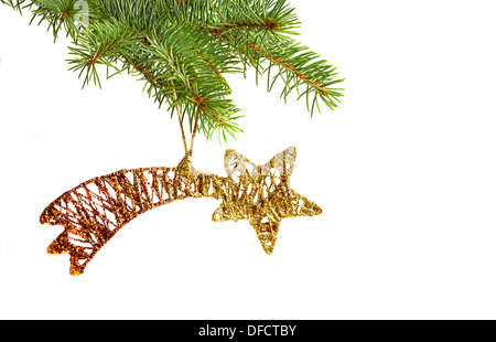 Betlemme golden star e albero di Natale isolato su bianco Foto Stock