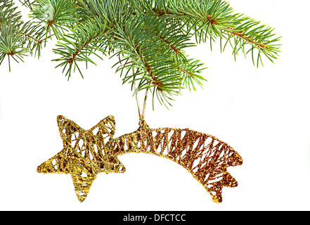 Natale golden star e albero di Natale isolato su bianco Foto Stock