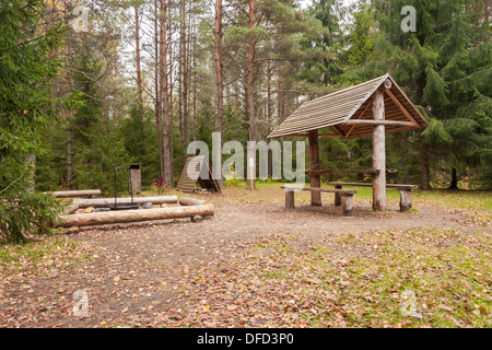 Area campeggio nel bosco in autunno Foto Stock