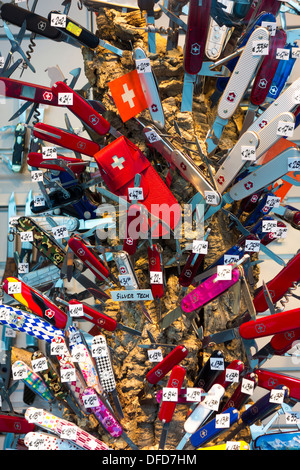 Originale Victorinox Swiss Army coltelli in molti colori sul display in un negozio tedesco finestra. Foto Stock