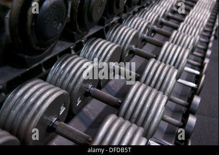 Immagine di un intero rack di peso per mano manubri ad una palestra commerciale Foto Stock