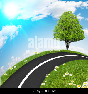 Strada asfaltata con un albero, erba e cielo sereno Foto Stock