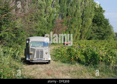 2012, un vecchio van citroen 2CV sul bordo di un campo in una fattoria nella pianura del Mont Ventoux, una montagna gigante in Provenza nel sud della Francia. Foto Stock