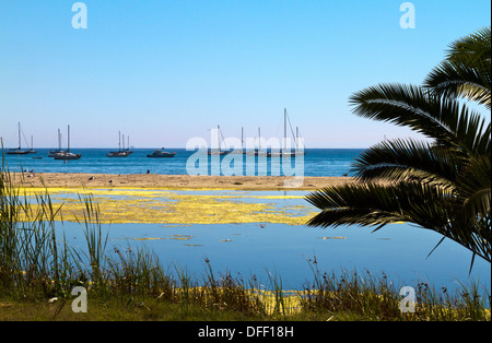 Una scena di spiaggia con un slough in primo piano e le barche attraccate in background in Santa Barbara, California. Foto Stock