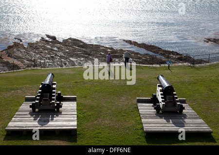 I cannoni di St Mawes castello affacciato su Carrick strade, St Mawes, Cornwall Foto Stock