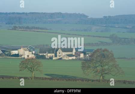 Una scena rurale e agriturismo in Cotswolds nella luce del sole con nebbia di compensazione Foto Stock