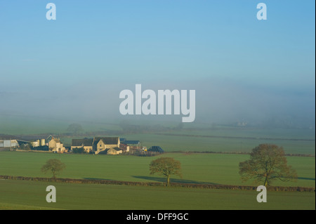 Una scena rurale e agriturismo in Cotswolds nella luce del sole con nebbia di compensazione Foto Stock