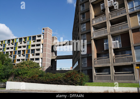 A bordo di appartamenti del consiglio nella tenuta di Park Hill, Sheffield Inghilterra, edificio storico brutalistico architettura Foto Stock