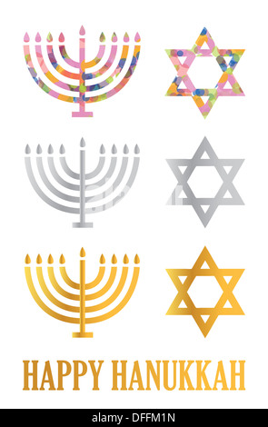 Tradizionale Hanukkah menorah e davids stelle isolate su uno sfondo bianco Foto Stock