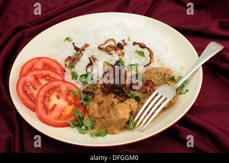 Sud-Indian Chicken Korma, incoporating noce di cocco, con bolliti di riso basmati e foglie di coriandolo, fritto di cipolla e pomodoro a fette. Foto Stock