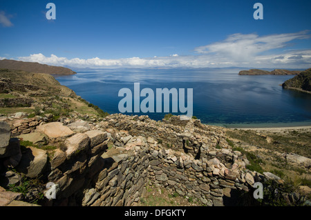 Rovine di Chincana, Isla del Sol, il lago Titicaca, vicino a Copacabana, Bolivia Foto Stock