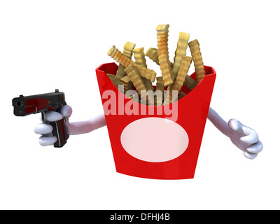 Patate fritte con bracci che sono in possesso di una pistola e etichetta vuota affacciata, pericoloso concetto alimentare Foto Stock