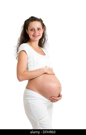 Donna incinta con grande ventre isolato su bianco Foto Stock