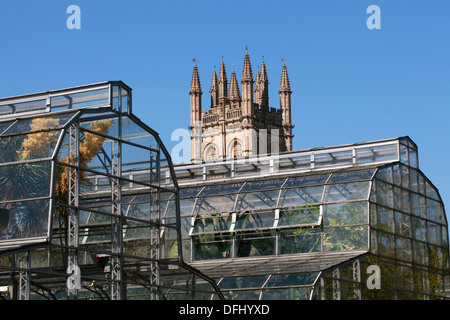 Oxford Giardini Botanici di serre e di Magdalen College in background, Università di Oxford, Oxford, Oxfordshire, Regno Unito Foto Stock