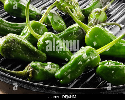 Peperoni cotti alla griglia, o peperoni hebron, su una griglia nera, primo piano cibo foto ancora vita Foto Stock