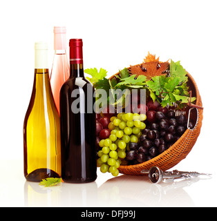 Foto di diverso tipo di vino, vitigno bottiglie e cestello con varietà di uve isolati su sfondo bianco, maturo frutta fresca Foto Stock